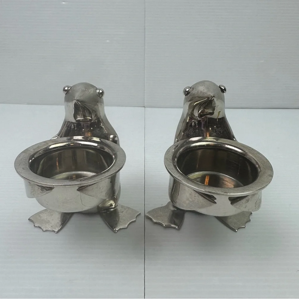 Pair2 Restoration Hardware Silver Plate Penguin Butler Sauce Dish Candle Holder